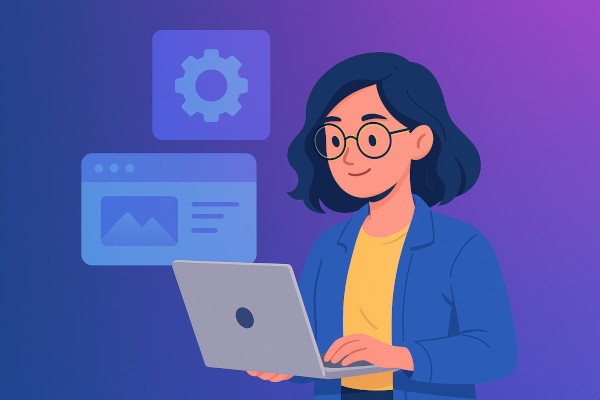 Ilustração de uma mulher concentrada trabalhando em um laptop, com elementos tecnológicos ao fundo